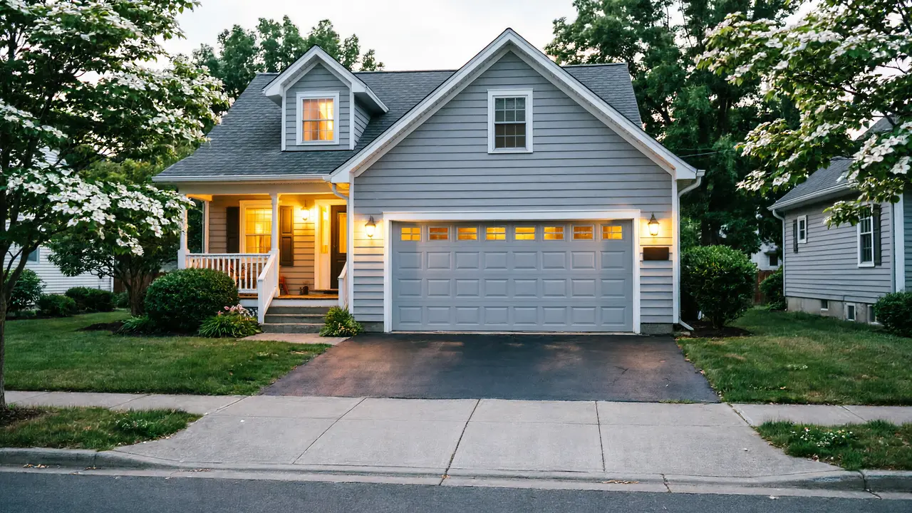 A gray house with a single gray garage door and a lit porch.