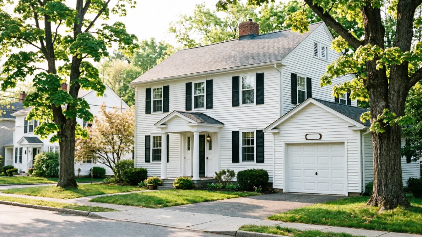 A white house with black shutters and a white garage door.