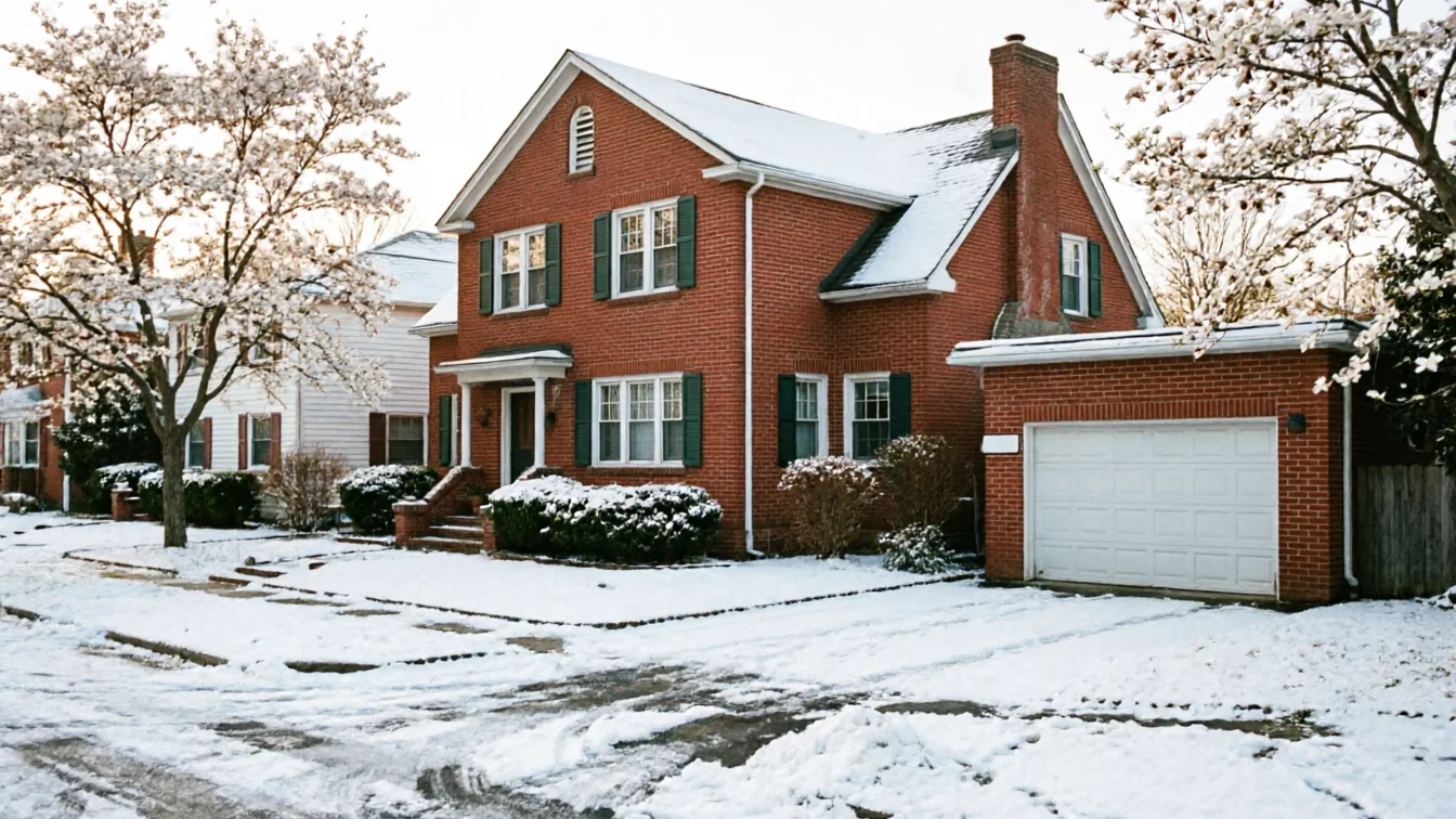A red brick house with a white garage door is covered in snow.