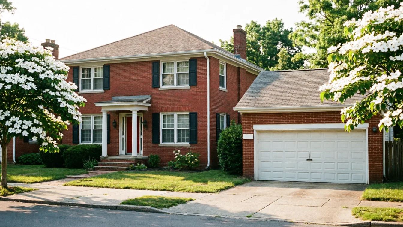 The house has a white garage door, a red brick exterior, and white flowering trees.