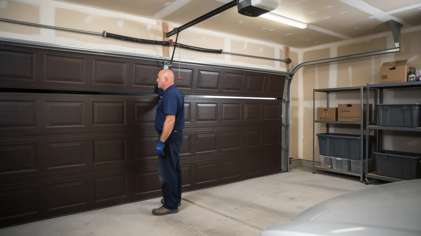 A technician stands in a garage next to a brown garage door.