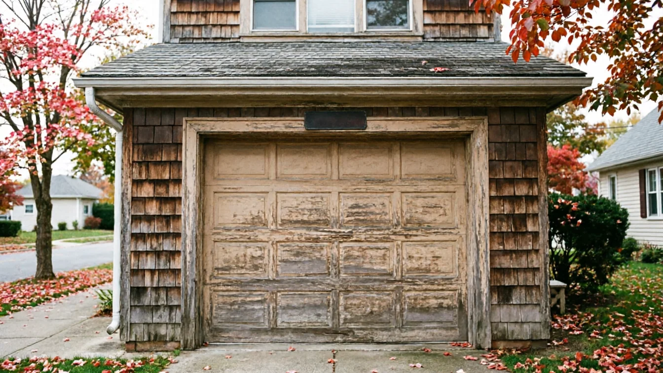 The old garage door has peeling paint and is surrounded by cedar shingles.