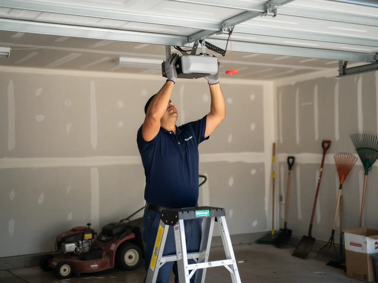 A technician on a ladder installs a garage door opener in a garage.