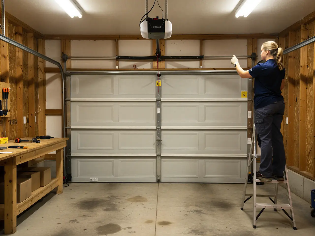 A technician on a ladder adjusts the torsion spring above a closed garage door.