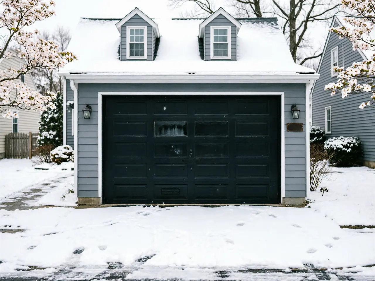 A gray garage with a black door and two dormer windows is covered in snow.