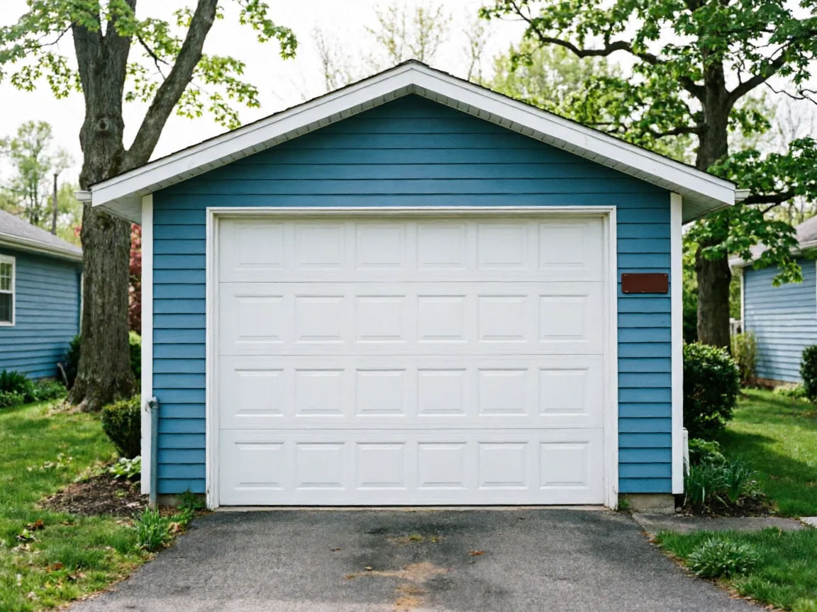 A white garage door is on a blue detached garage with a green lawn.