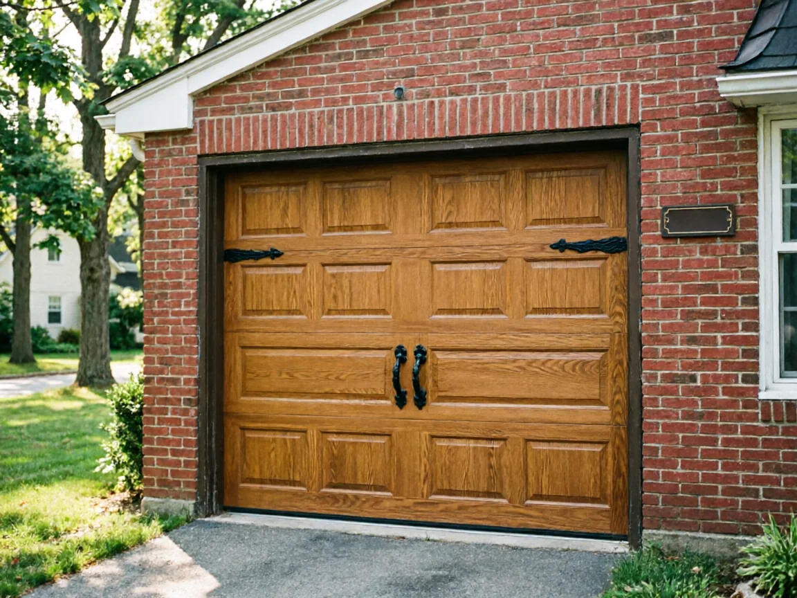 A brown paneled garage door with decorative black hardware is set in a red brick wall.